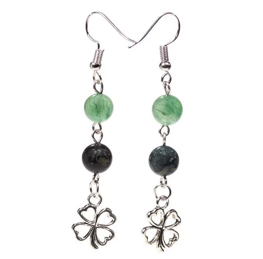 Ohrringe Kambaba/ grüner Aventurin + Kleeblatt -- 8 mm