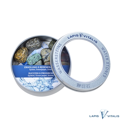 Lapis-Vitalis Wassersteine Mischung "Erholung & Regeneration" (Epidot, Ozenjaspis, Zoisit) in Metall Geschenkdose